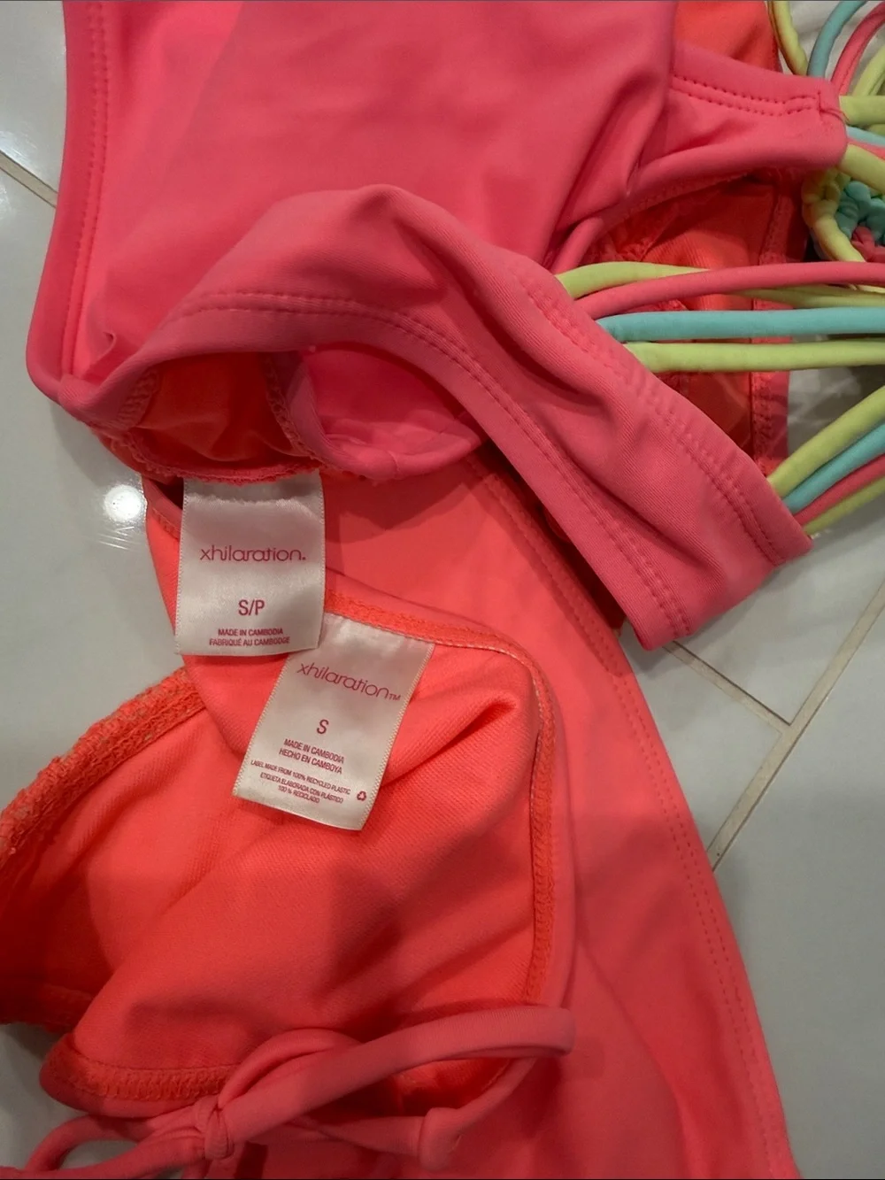 Neon Pink & Tropical Print Bikini Set - Two Tops + Bottom Small - Picture 6 of 9